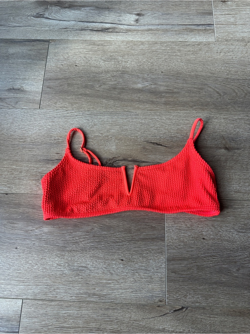 Hot Neon Reddish Pink Textured V‑Notch Bikini Top